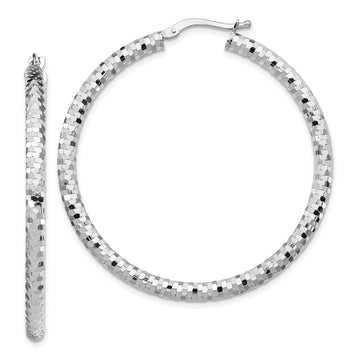14k White Gold 3x44mm Diamond-cut Tube Hoop Earrings