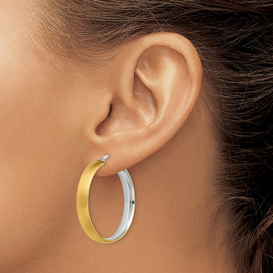 14K with White Rhodium Large 5mm Polished & Satin Hoop Earrings