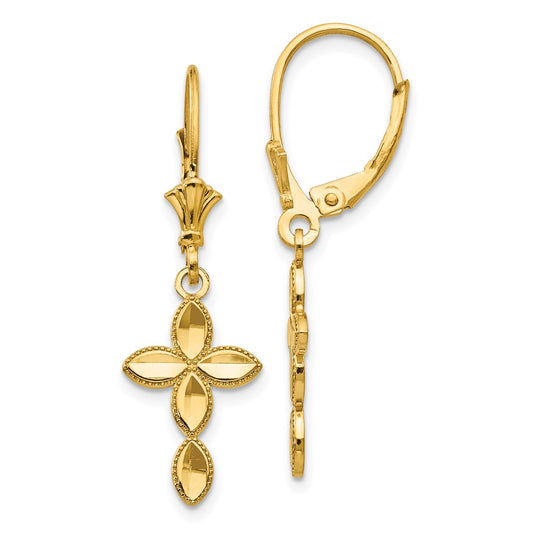 14k Diamond-cut Fancy Cross Dangle Leverback Earrings