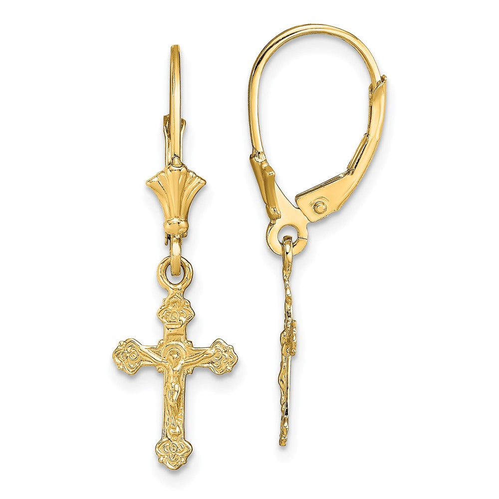 14k Crucifix Dangle Leverback Earrings
