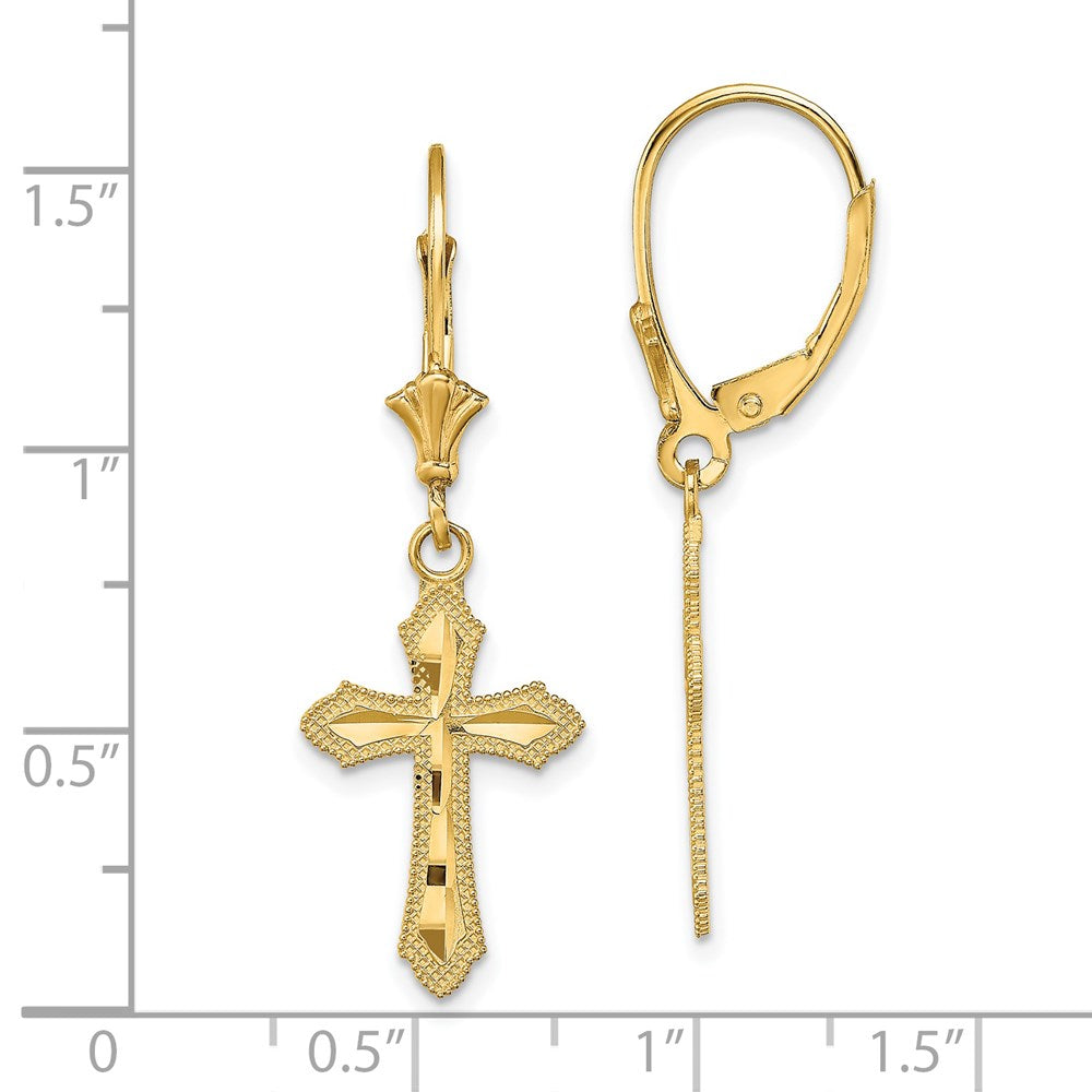 14K Diamond-cut Beaded Edge Cross Dangle Leverback Earrings