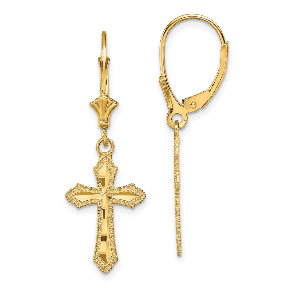 14K Diamond-cut Beaded Edge Cross Dangle Leverback Earrings