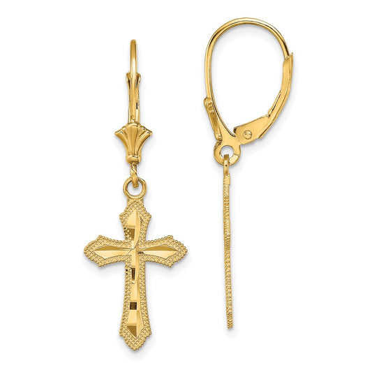 14K Diamond-cut Beaded Edge Cross Dangle Leverback Earrings