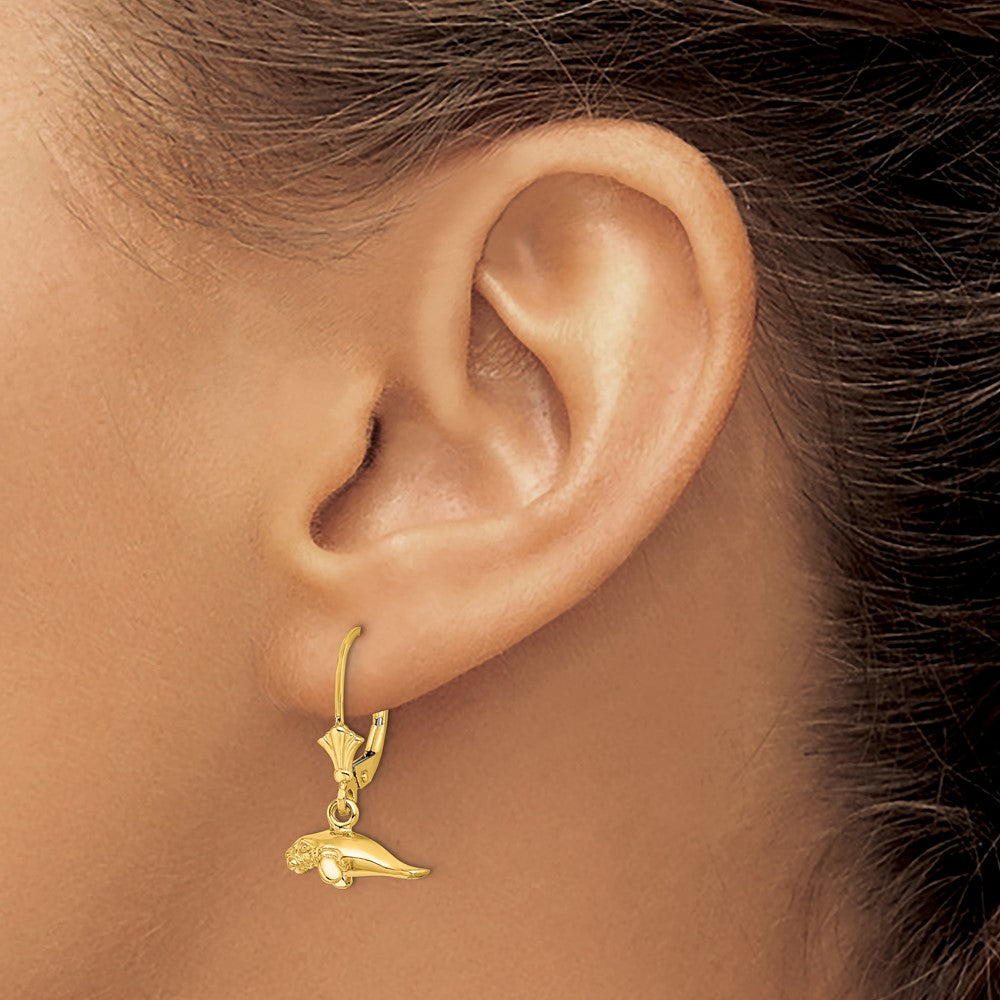 14K 3-D Polished Mini Manatee Dangle Leverback Earrings