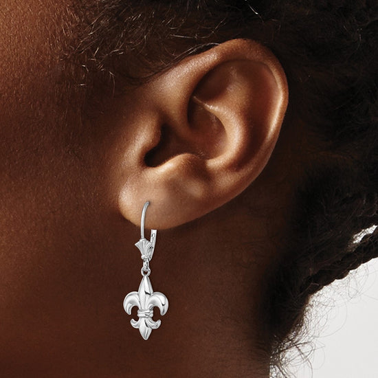 14K White Gold Fleur-de-Lis Dangle Leverback Earrings