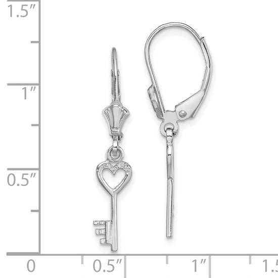 14K White Gold Polished Heart Key Leverback Earrings