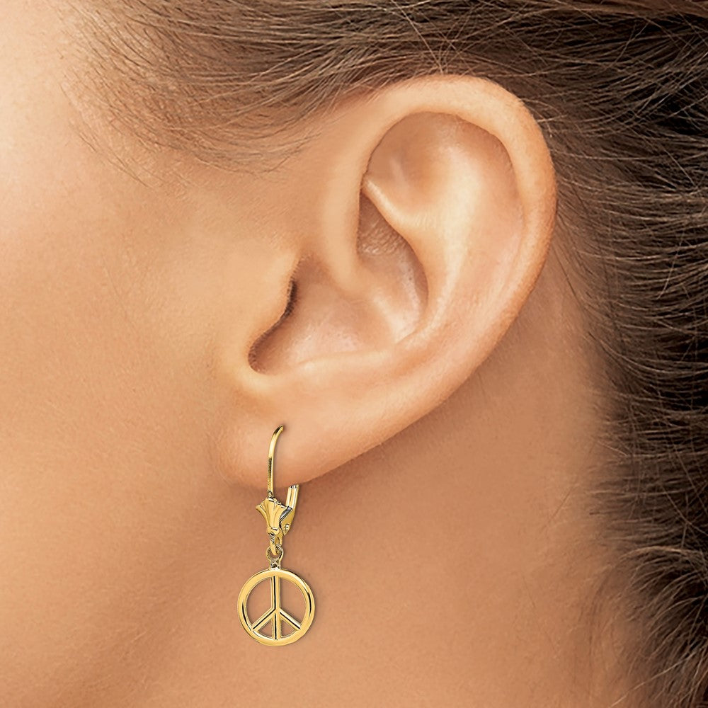 Gold Peace Symbol Dangle Leverback Earrings