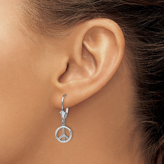 Gold Peace Symbol Dangle Leverback Earrings