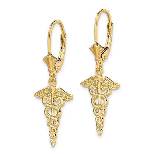 14K Caduceus Dangle Leverback Earrings