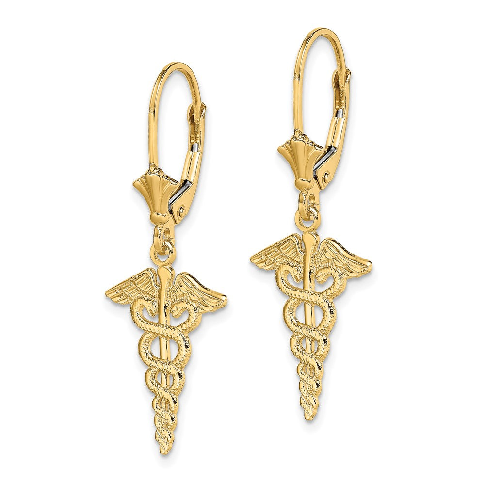14K Caduceus Dangle Leverback Earrings