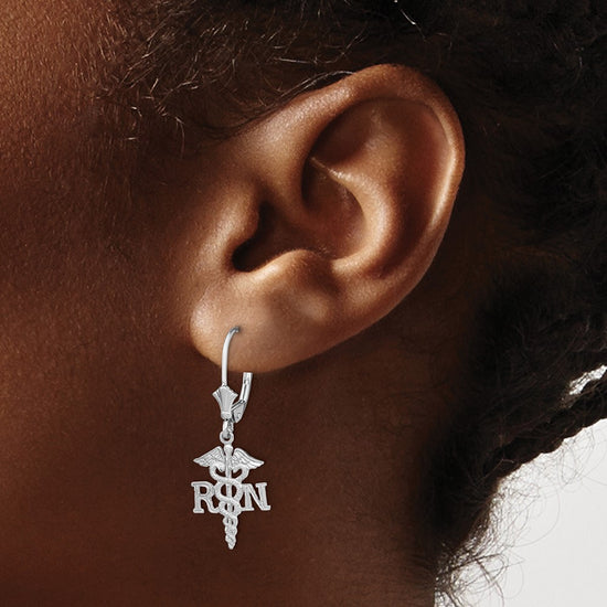 14K White Gold RN Caduceus Dangle Leverback Earrings