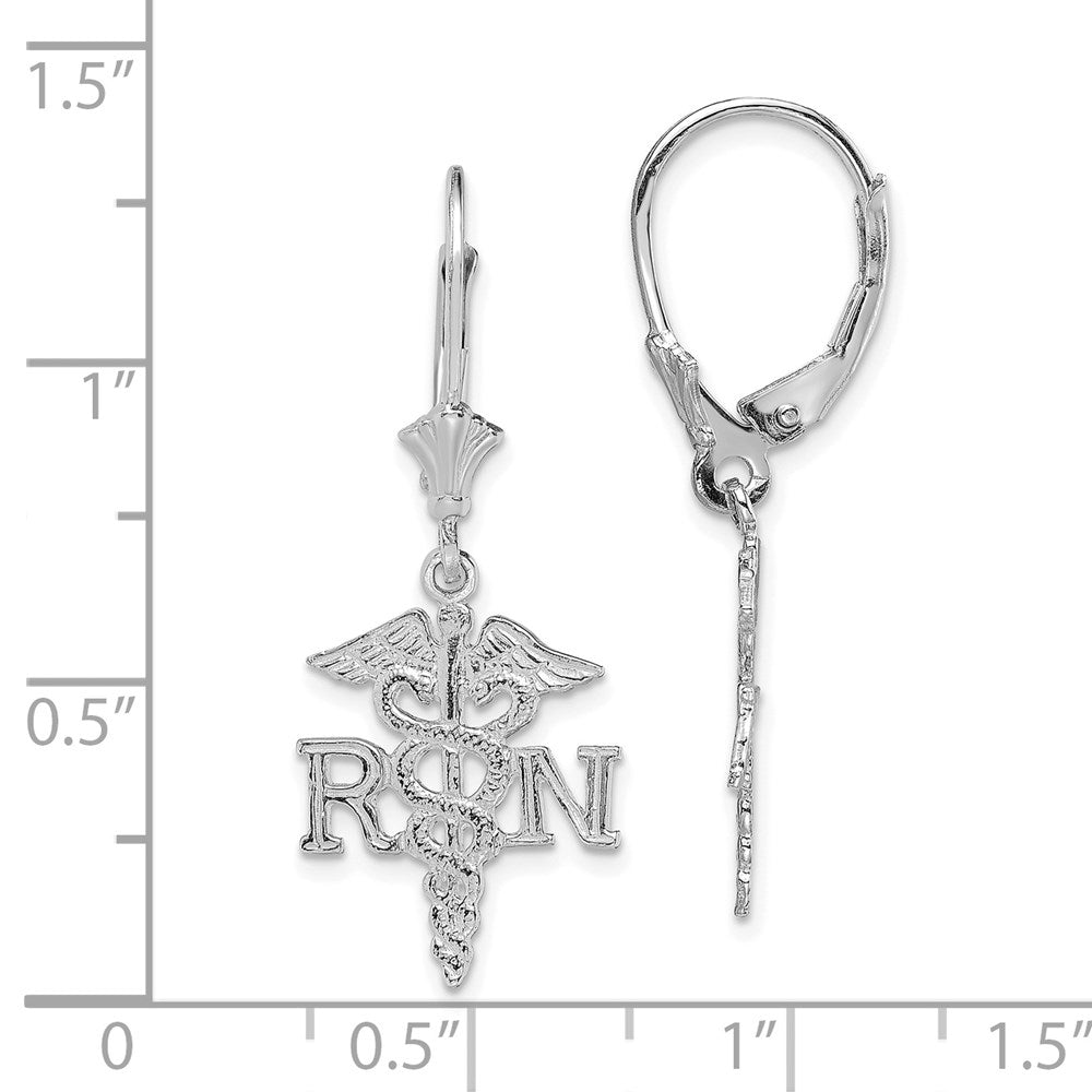 14K White Gold RN Caduceus Dangle Leverback Earrings