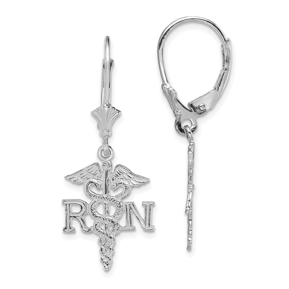 14K White Gold RN Caduceus Dangle Leverback Earrings