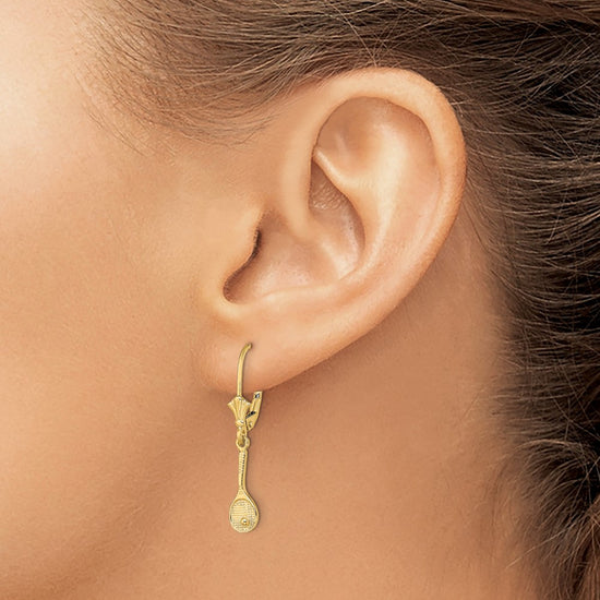 14K Polished Tennis Racquet with Ball Dangle Leverback Earrings
