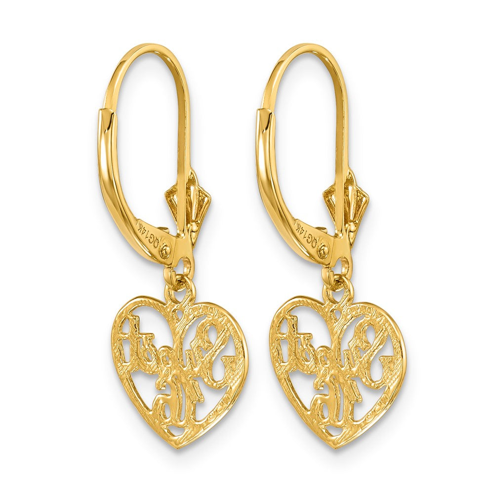 14K Polished SWEET 16 in Heart Dangle Leverback Earrings