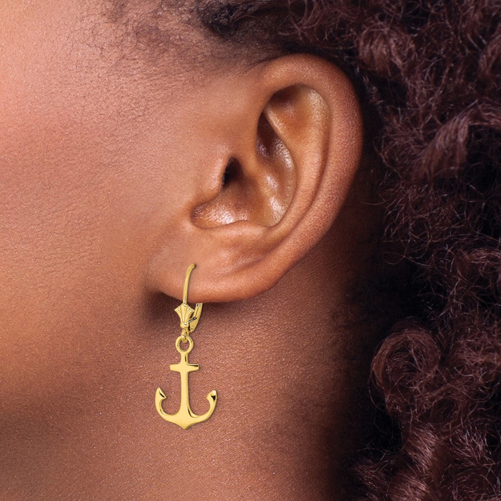 14K 2-D Polished Anchor Dangle Leverback Earrings
