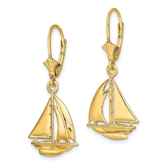 14K 3-D Polished Sailboat Dangle Leverback Earrings