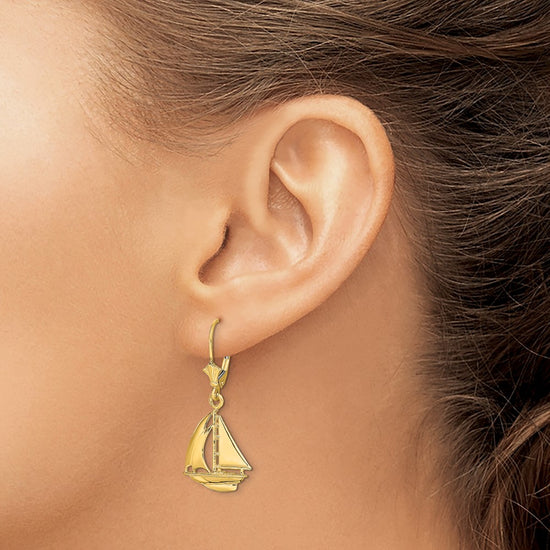14K 3-D Polished Sailboat Dangle Leverback Earrings