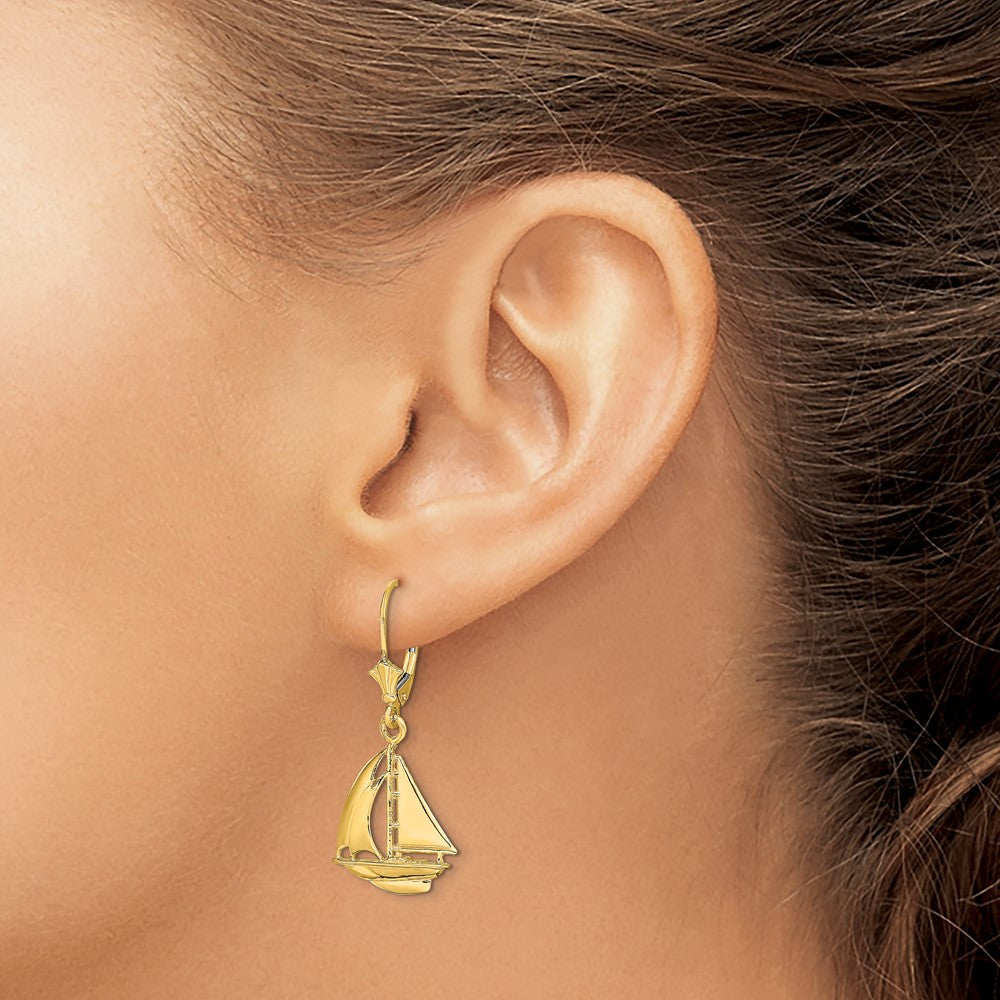 14K 3-D Polished Sailboat Dangle Leverback Earrings