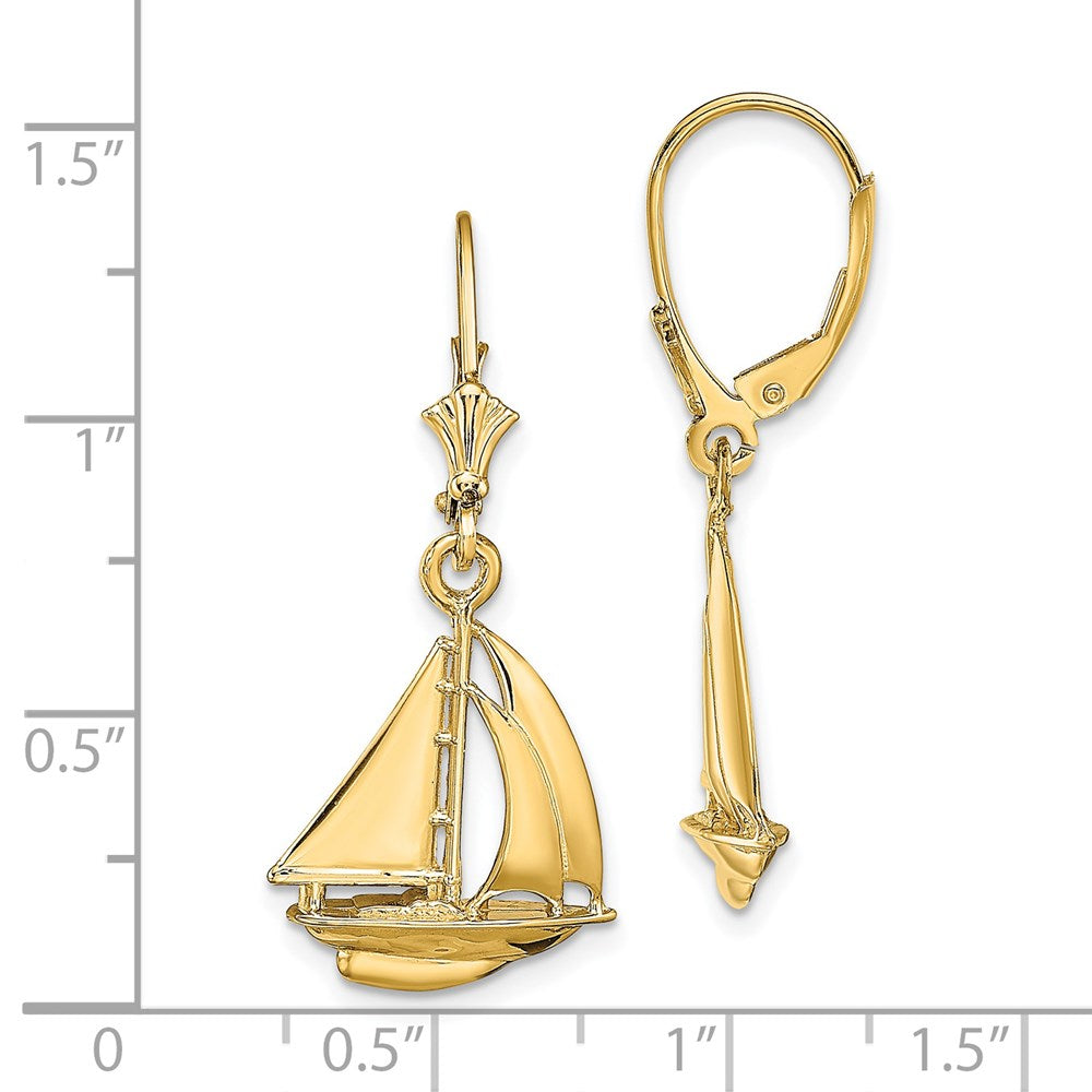 14K 3-D Polished Sailboat Dangle Leverback Earrings
