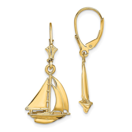 14K 3-D Polished Sailboat Dangle Leverback Earrings
