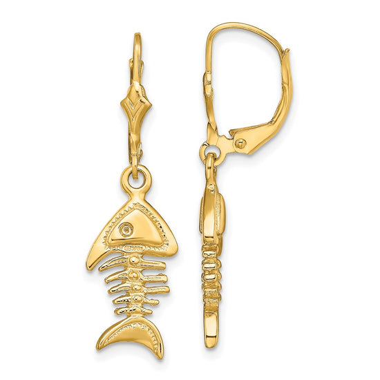 14K 3-D Fishbone Dangle Leverback Earrings