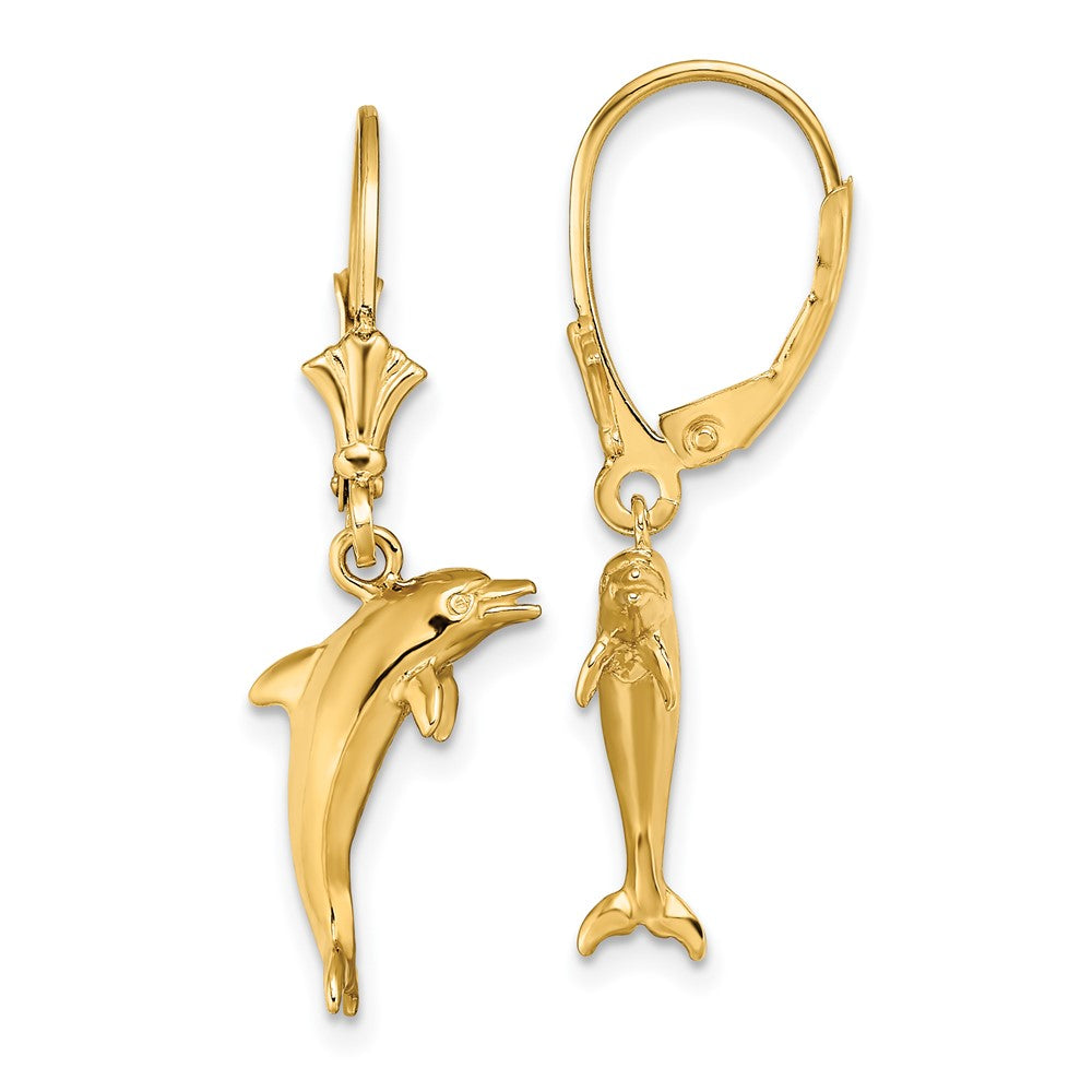 14K 3-D Dolphin Jumping Dangle Leverback Earrings
