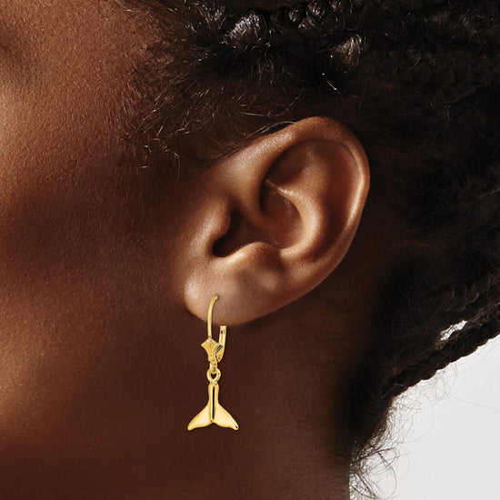 14K Small Whale Tail Dangle Leverback Earrings