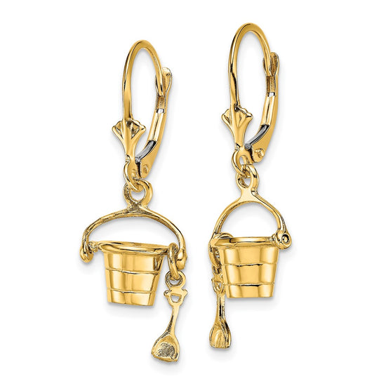 14K 3-D Beach Bucket with Shovel Dangle Leverback Earrings