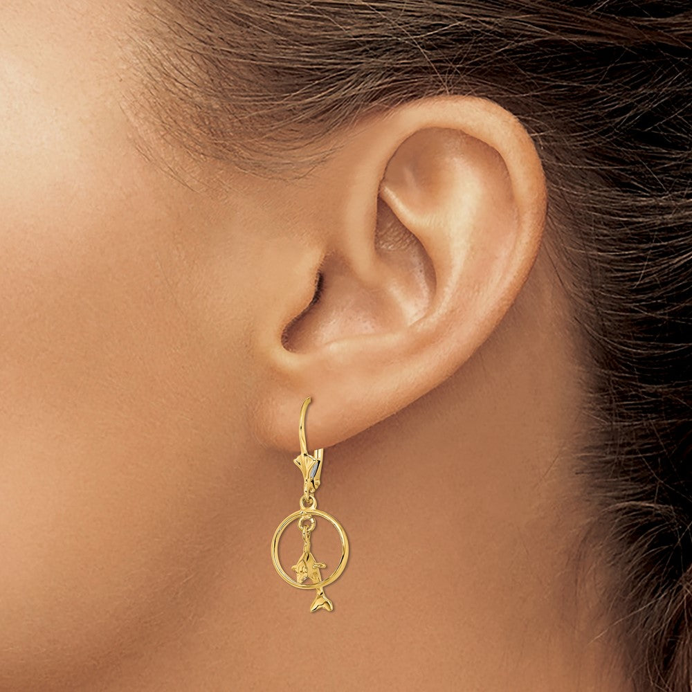 14K 3-D Dolphin Jumping Through Hoop Dangle Leverback Earrings