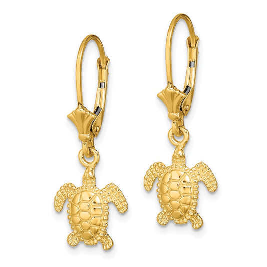 14K 3-D Polished Mini Sea Turtle Dangle Leverback Earrings