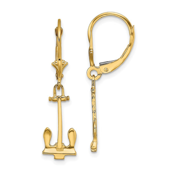 14K Polished Navy T-bar Anchor Dangle Leverback Earrings