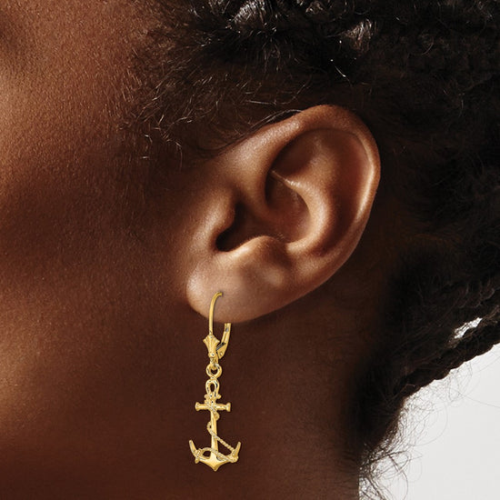 14K 3-D Anchor with Shackle and Entwined Rope Dangle Leverback Earrings