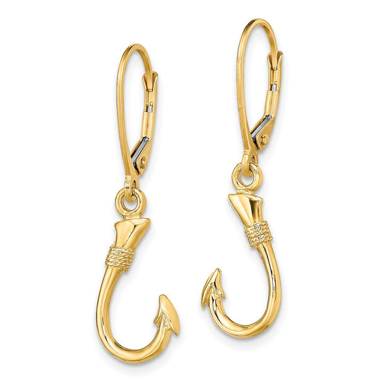 14K 3-D Fish Hook Dangle Leverback Earrings