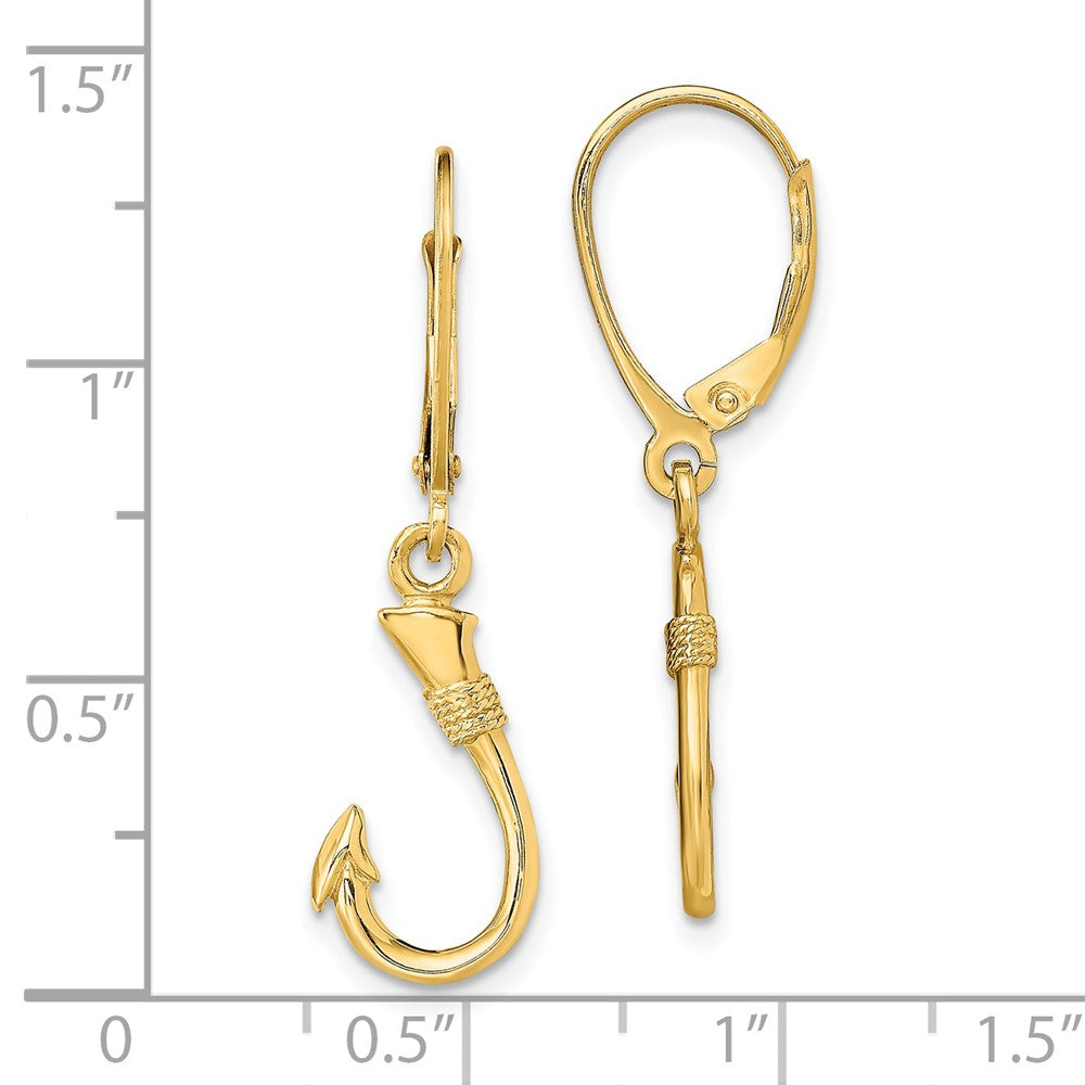 14K 3-D Fish Hook Dangle Leverback Earrings