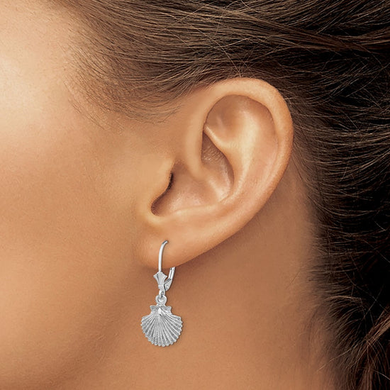 14K White Gold and Textured Scallop Shell Leverback Earrings
