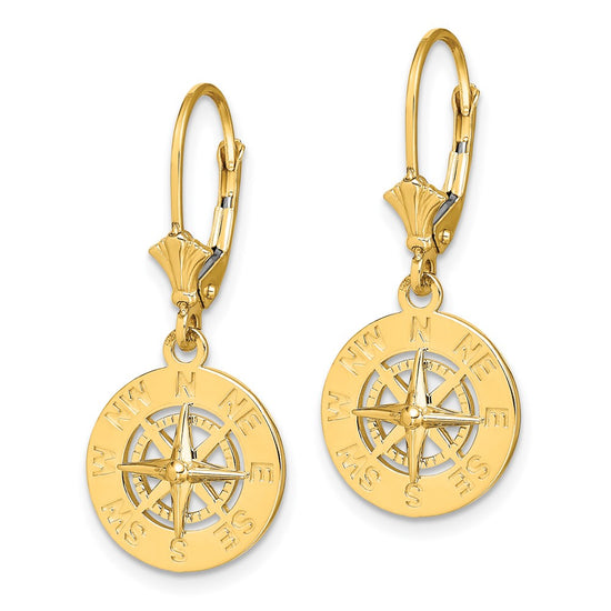 14K Mini Nautical Compass Dangle Leverback Earrings