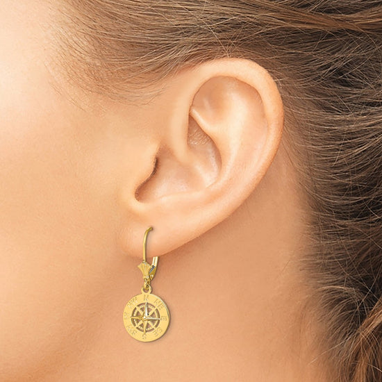 14K Mini Nautical Compass Dangle Leverback Earrings