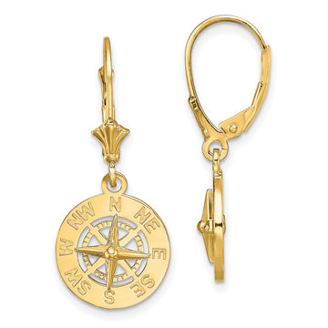 14K Mini Nautical Compass Dangle Leverback Earrings