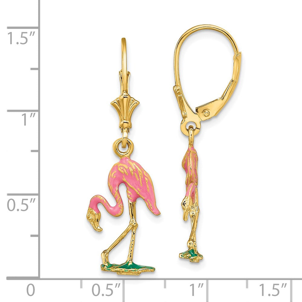 14K Pink Enamel 3-D Flamingo Dangle Leverback Earrings