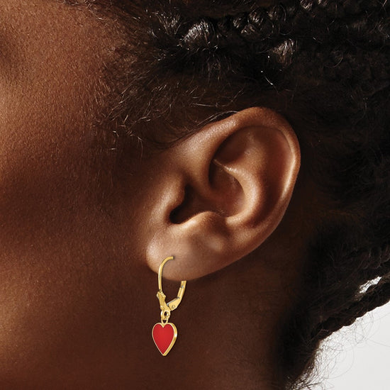 14K Polished Red Enameled Heart Dangle Leverback Earrings