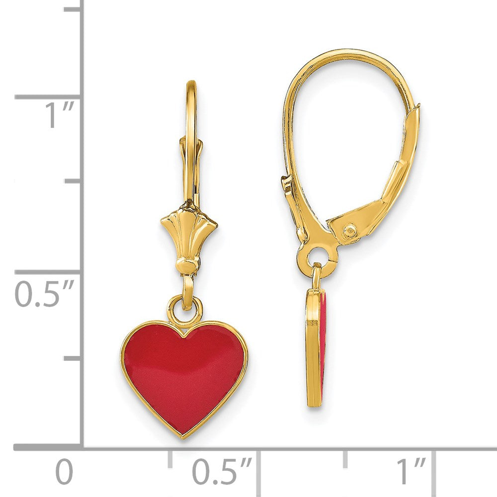 14K Polished Red Enameled Heart Dangle Leverback Earrings