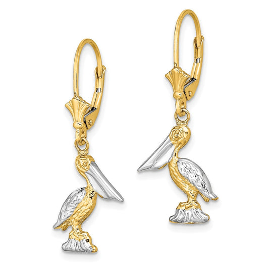 14K and White Rhodium 3-D Standing Pelican Dangle Leverback Earrings
