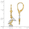 14K and White Rhodium 3-D Standing Pelican Dangle Leverback Earrings