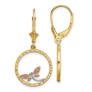 14K Two-Tone and White Rhodium Diamond-cut Dragonfly in Circle Leverback Earrings