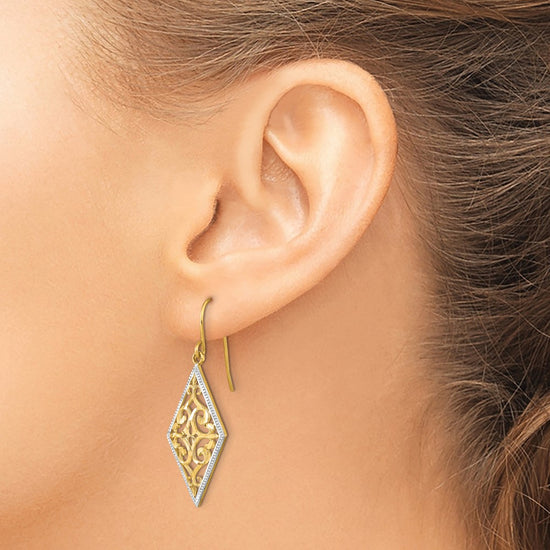 14K and White Rhodium Diamond-Shape Filigree Dangle French Hook Earrings