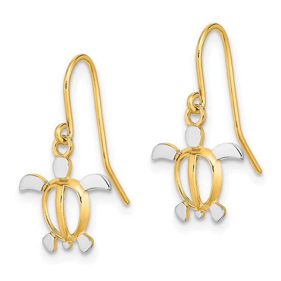 14K and White Rhodium Small Sea Turtle Dangle French Hook Earrings