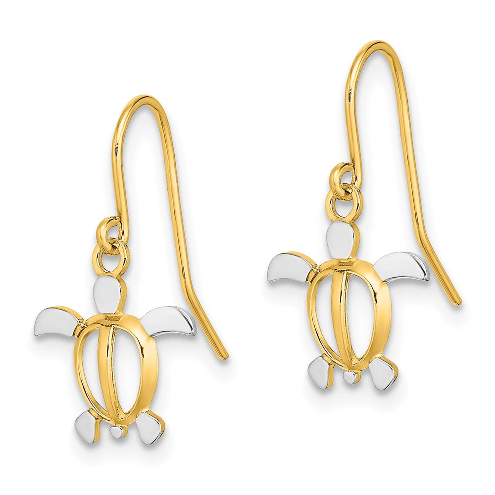 14K and White Rhodium Small Sea Turtle Dangle French Hook Earrings