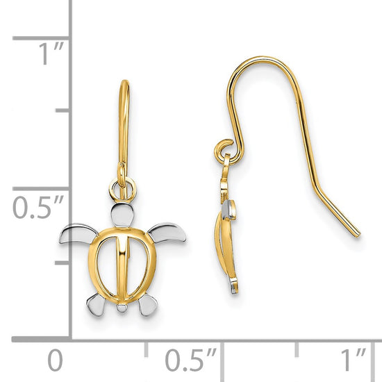 14K and White Rhodium Small Sea Turtle Dangle French Hook Earrings