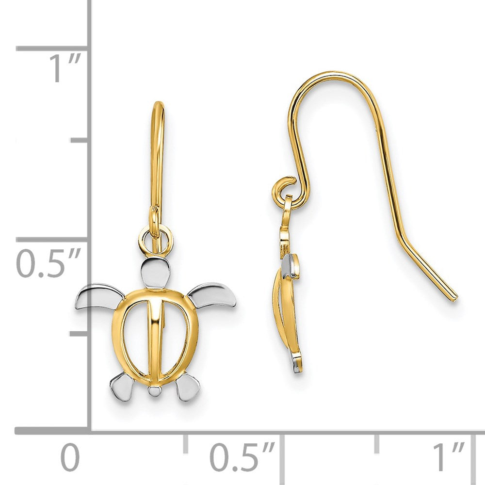 14K and White Rhodium Small Sea Turtle Dangle French Hook Earrings